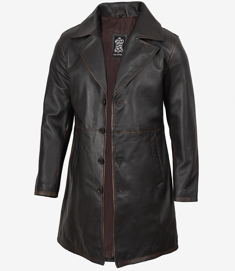 Herren-Automantel aus echtem Leder im Used-Look, Braun