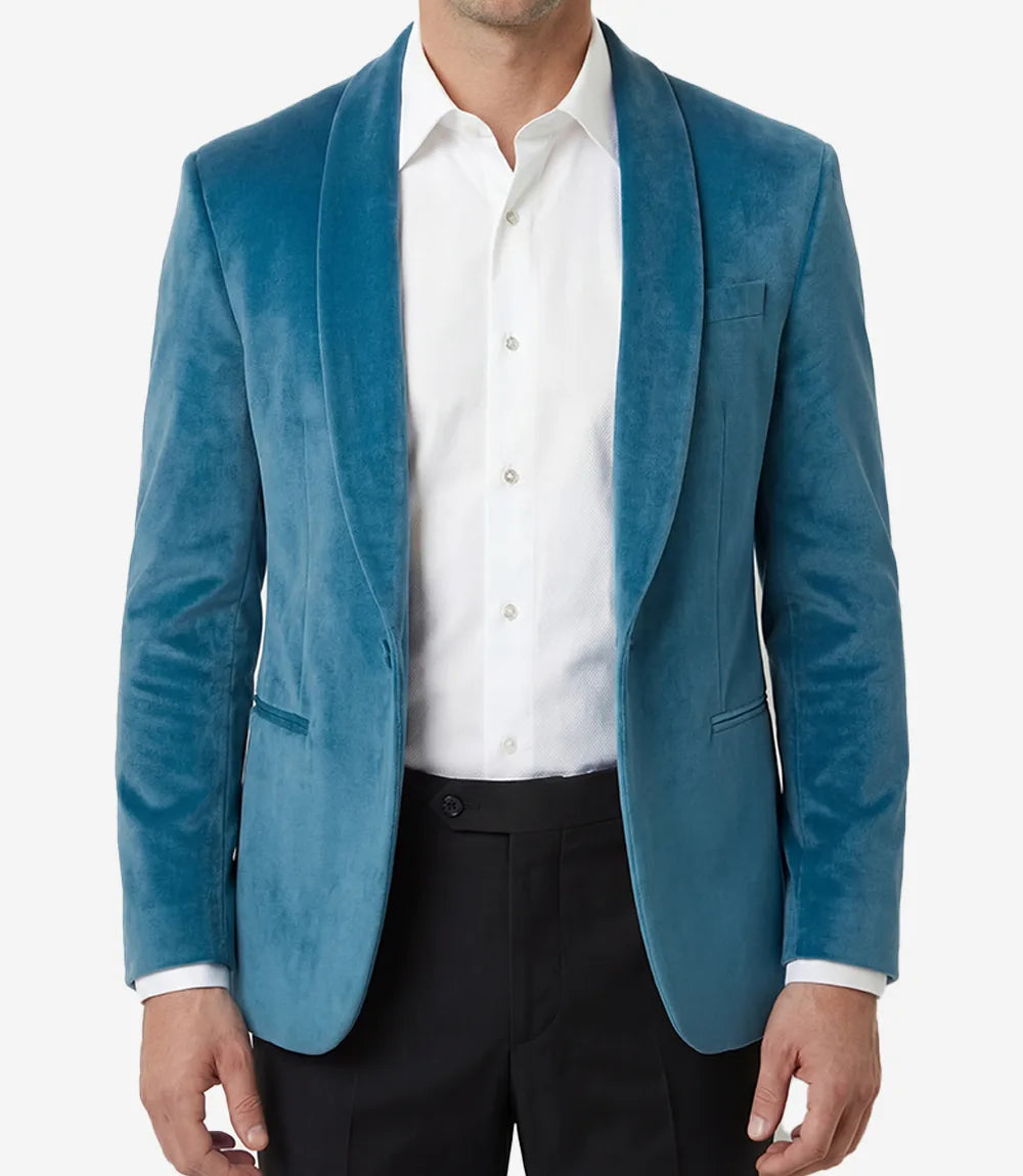 Mens Teal Blue Single Button Velvet Tuxedo Jacket