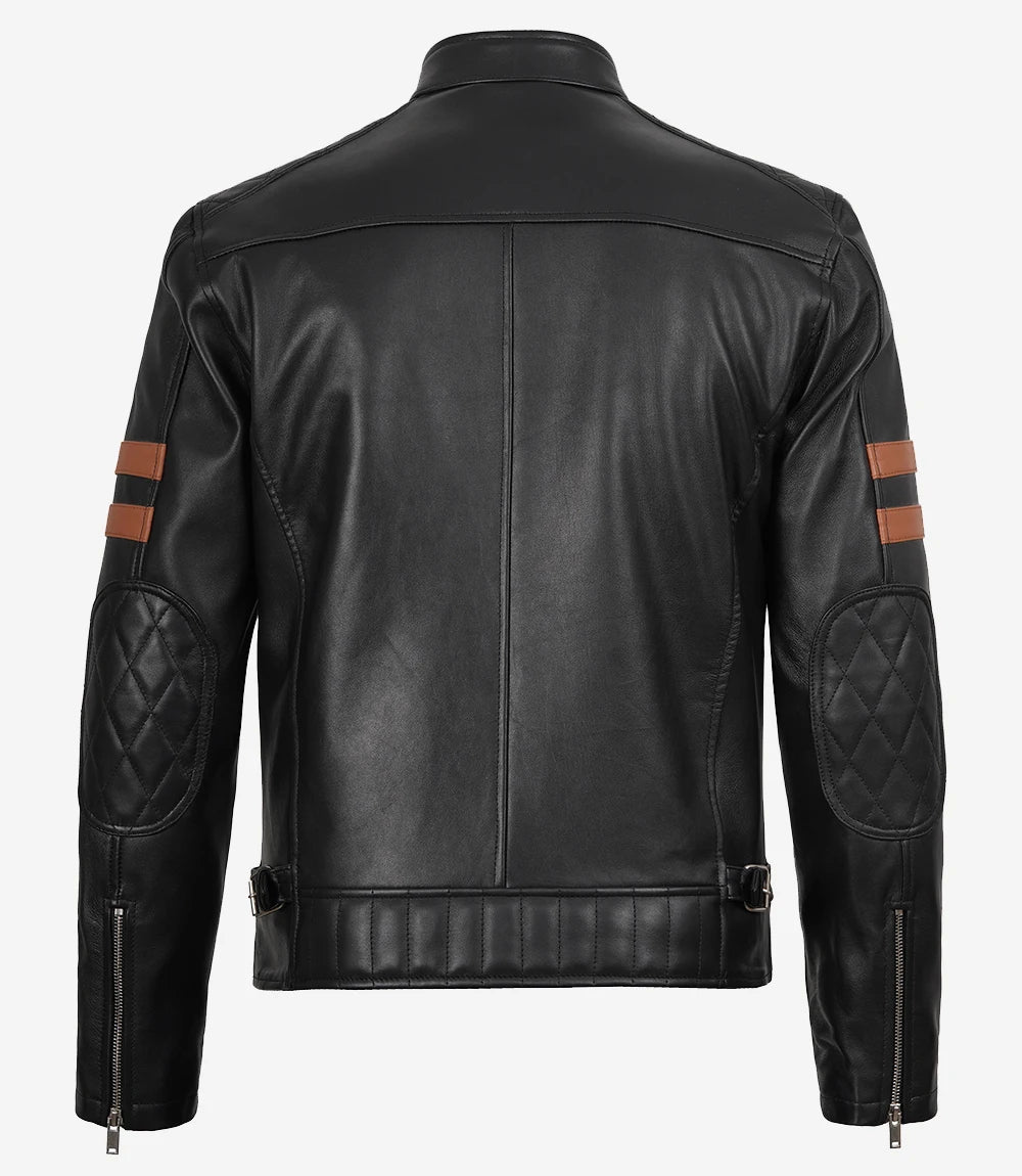 Schwarze Lederjacke im Biker-Stil für Herren mit hellbraunen Armstreifen