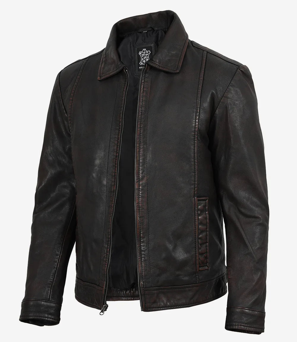 Men's Black Distressed Leather Jacket with Maroon Undertone