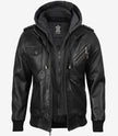 Men's Black Leather Jacket with Grey Removable Hood