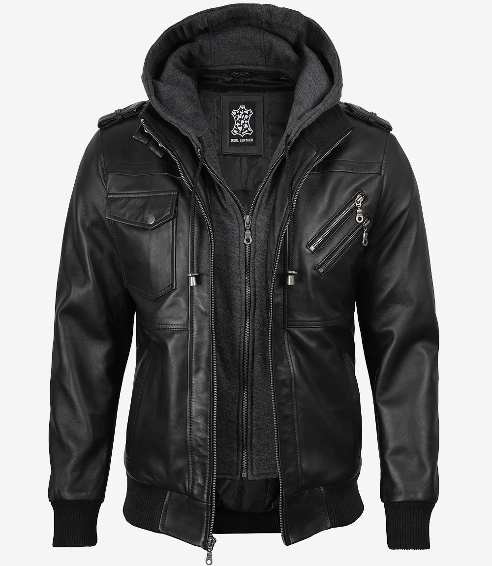 Men's Black Leather Jacket with Grey Removable Hood