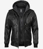Men's Black Leather Jacket with Grey Removable Hood