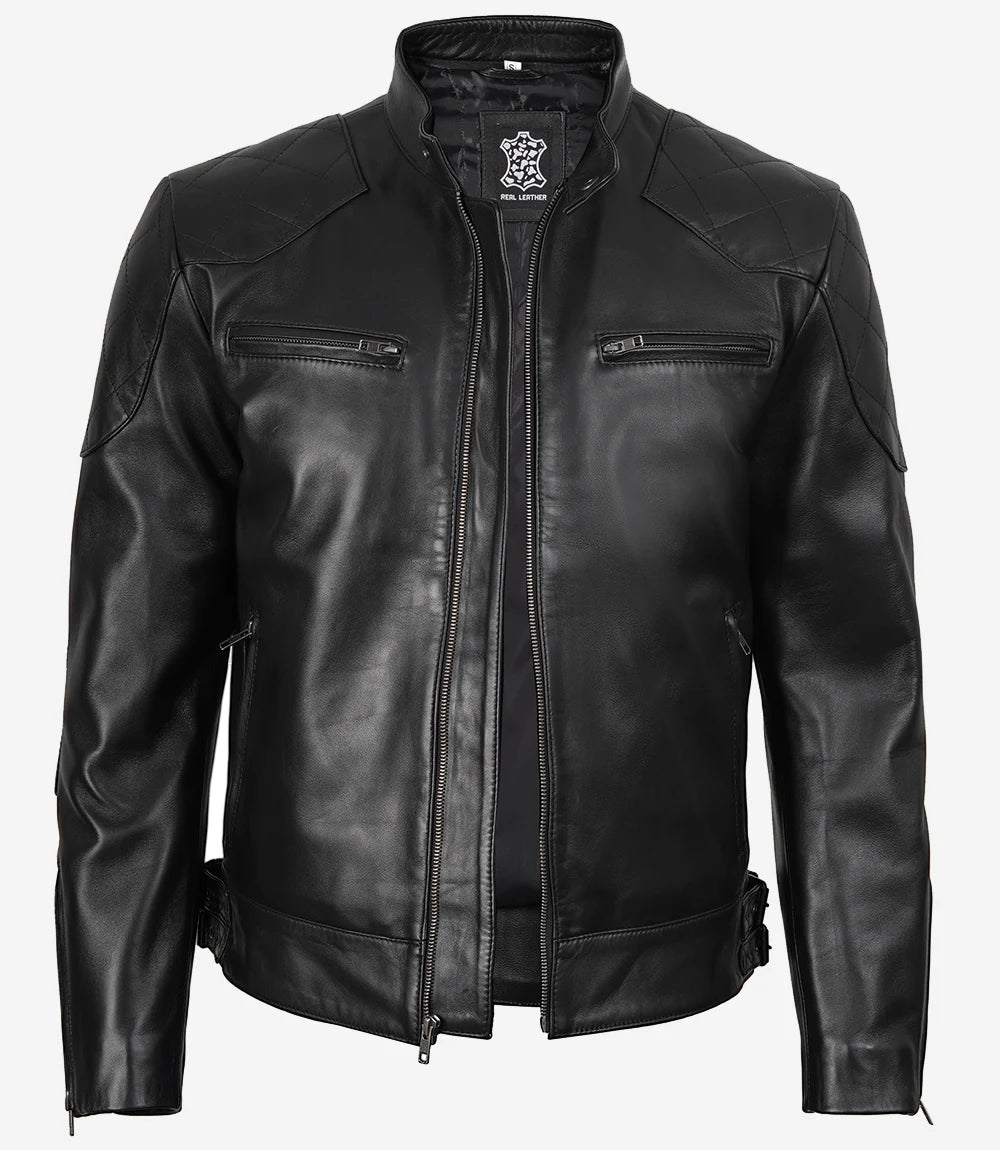 Schwarze Herrenjacke im Biker-Stil aus echtem Leder