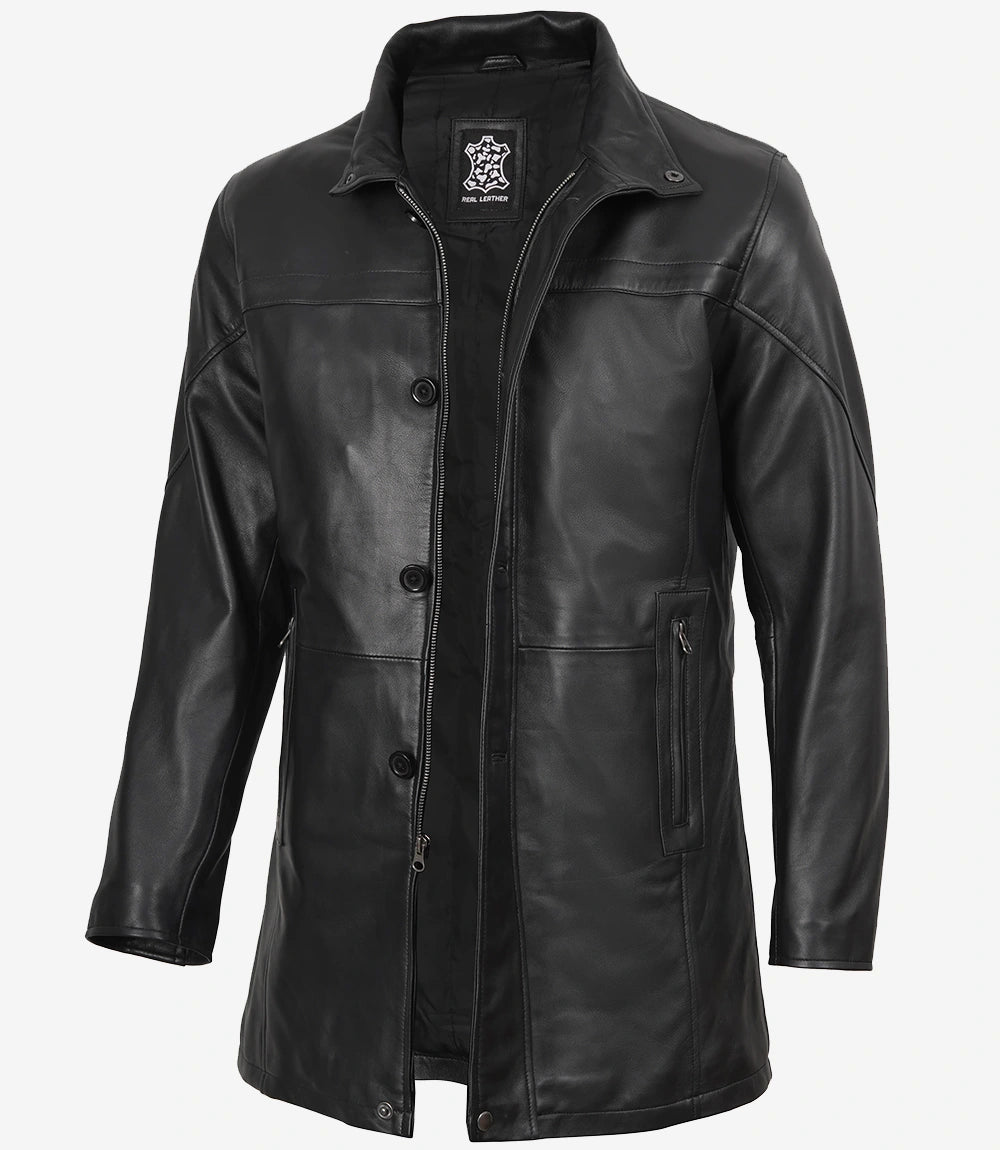 Mens Tall Black Leather Car Coat