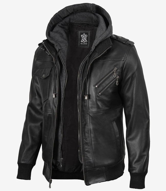 Men's Black Leather Jacket with Grey Removable Hood