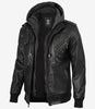 Men's Black Leather Jacket with Grey Removable Hood