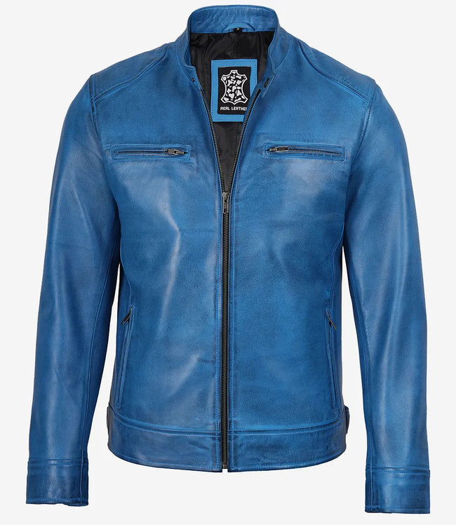 Mens Real Leather Distressed Blue Biker Style Jacket