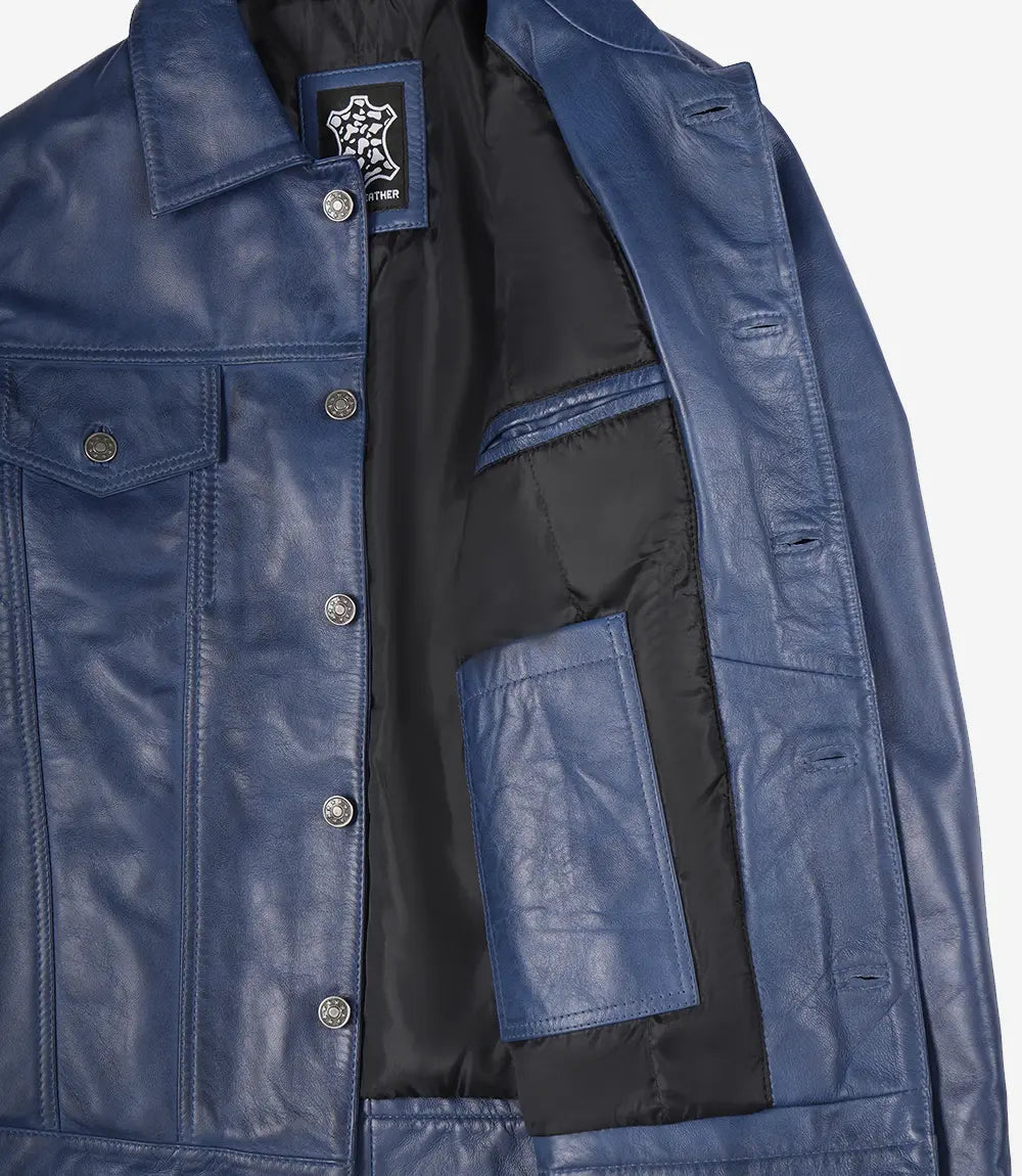 Herren-Truckerjacke aus echtem Lammleder, blau, gewachst