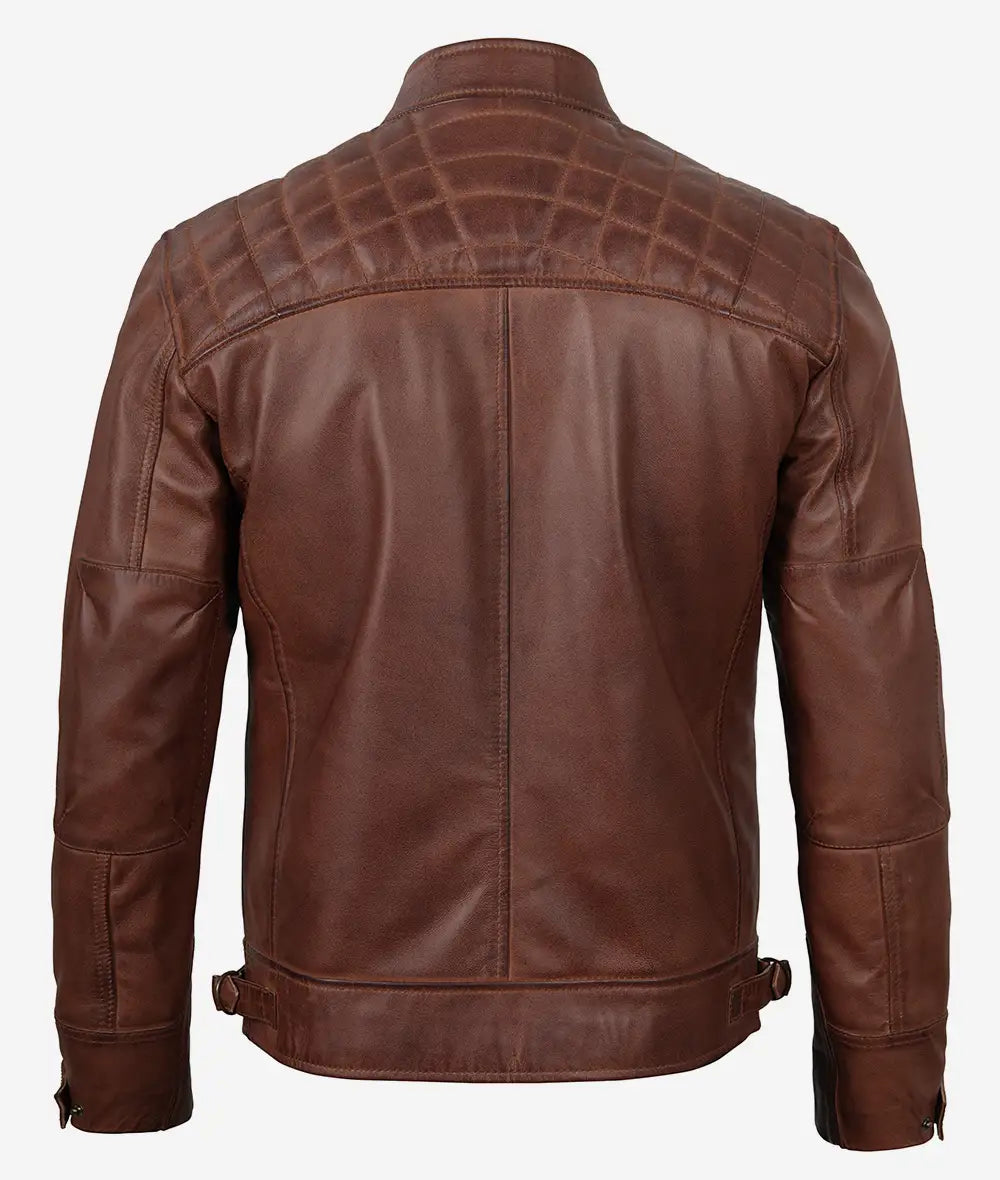 Cognacbraune gesteppte Lederjacke im Biker-Stil für Herren