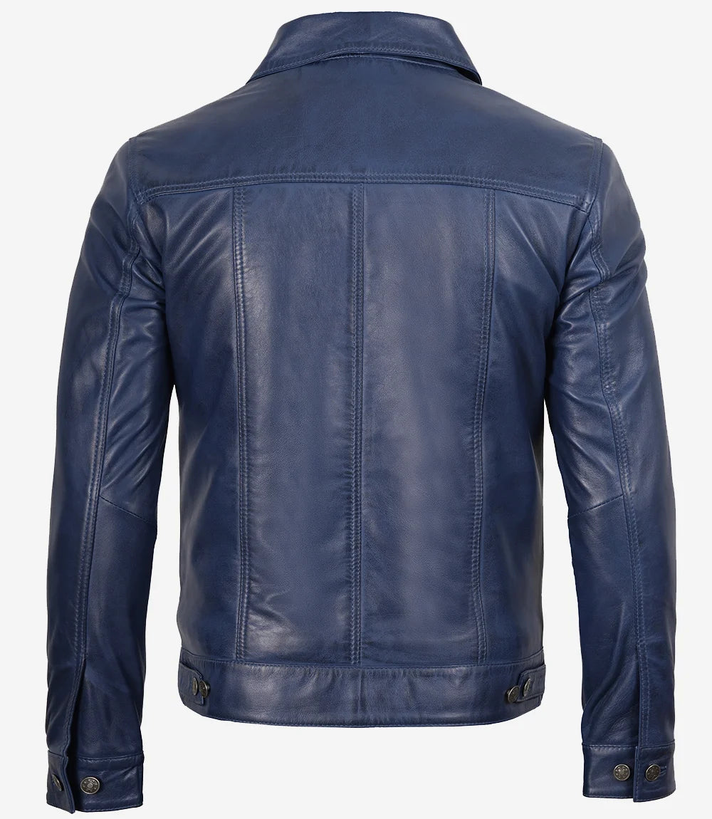 Herren-Truckerjacke aus echtem Lammleder, blau, gewachst