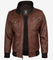 Mens Cognac Leather Bomber Jacket With Removable Hood