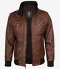Mens Cognac Leather Bomber Jacket With Removable Hood