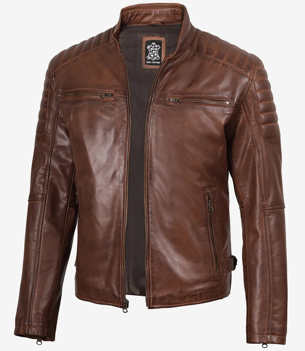 Mens Cognac Waxed Cafe Racer Leather Jacket