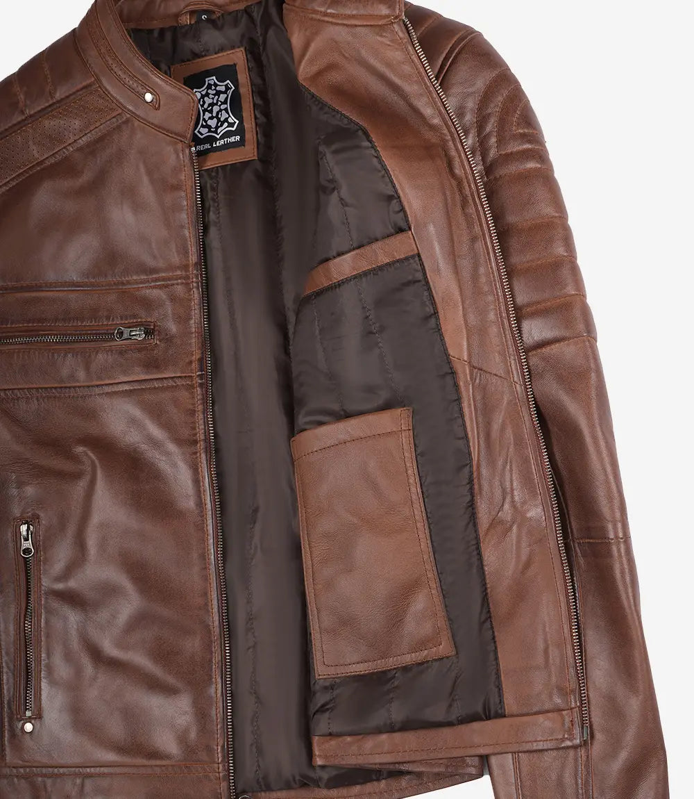 Austin Chocolate Brown Waxed Mens Perforated Leather Jacket