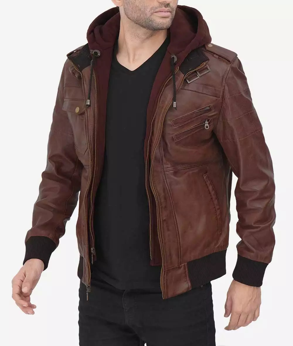 Mens Tall Dark Brown Bomber Leather Jacket with Removable Hood