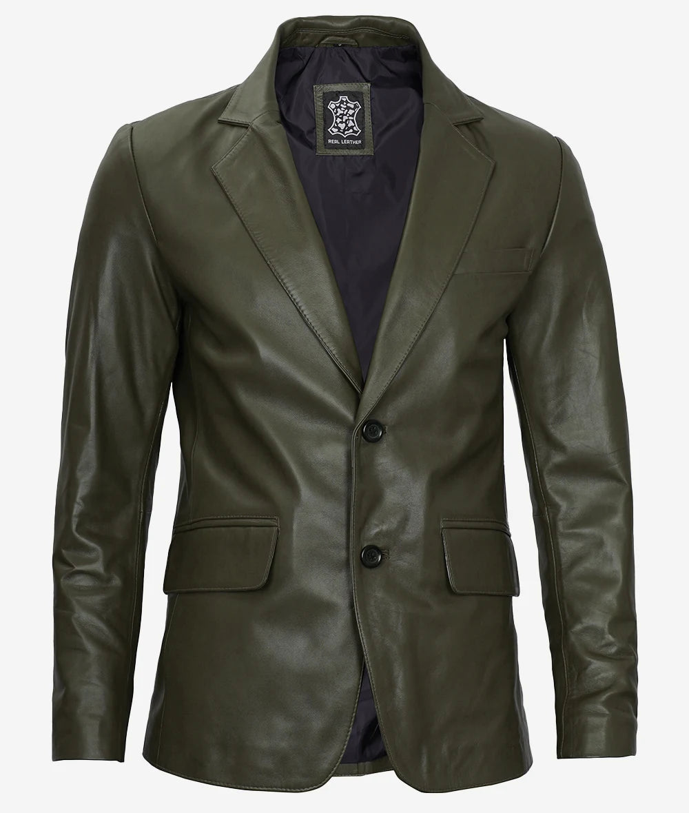 Mens Two Button Green Leather Blazer