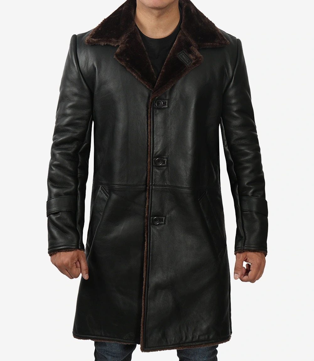 Mens Shearling Lined 3 4 Length Leather Coat