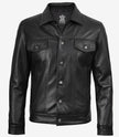 Schwarze Trucker-Jacke aus Leder für Herren mit vier Taschen