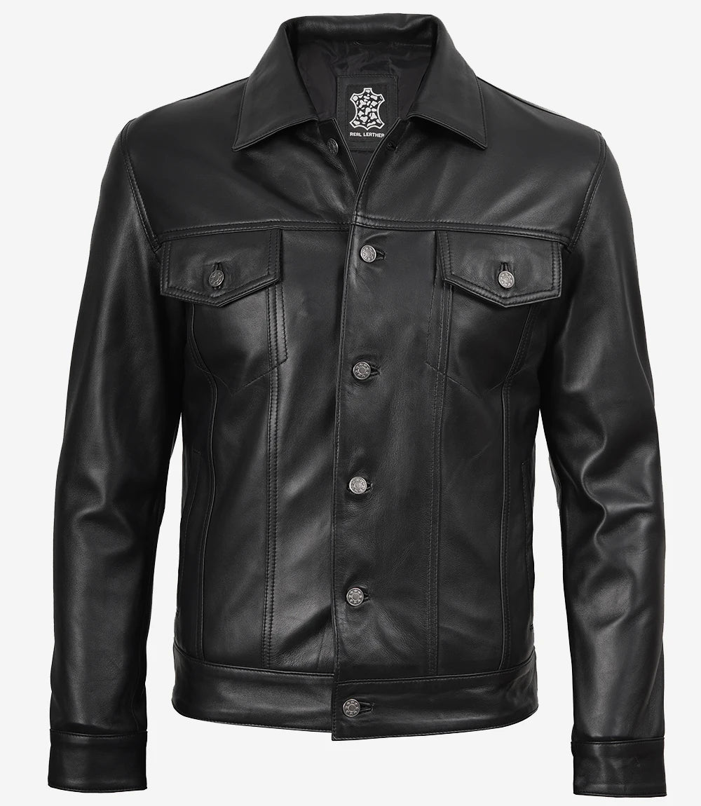 Schwarze Trucker-Jacke aus Leder für Herren mit vier Taschen
