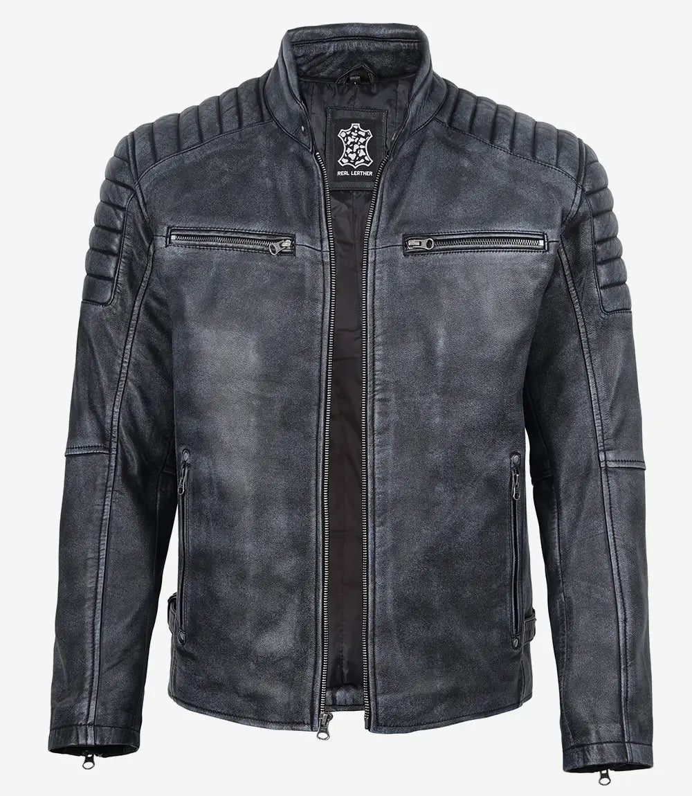 Mens Black Washed Leather Biker Style Jacket