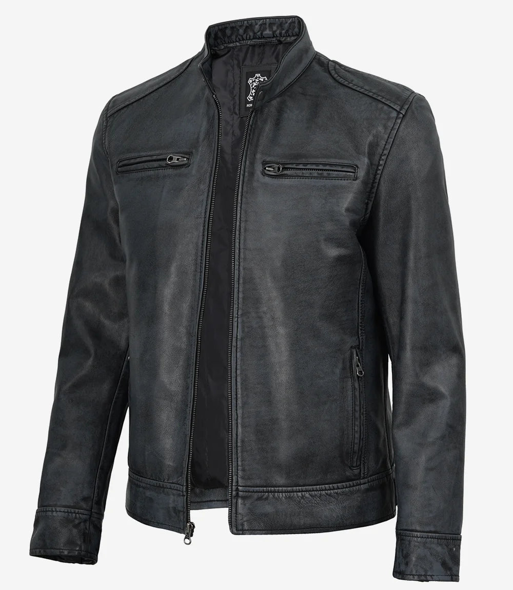 Dodge Men's Black Washed Leather Biker Style Jacket