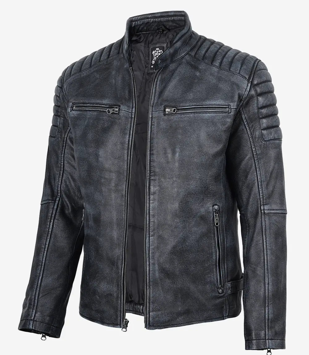 Mens Black Washed Leather Biker Style Jacket