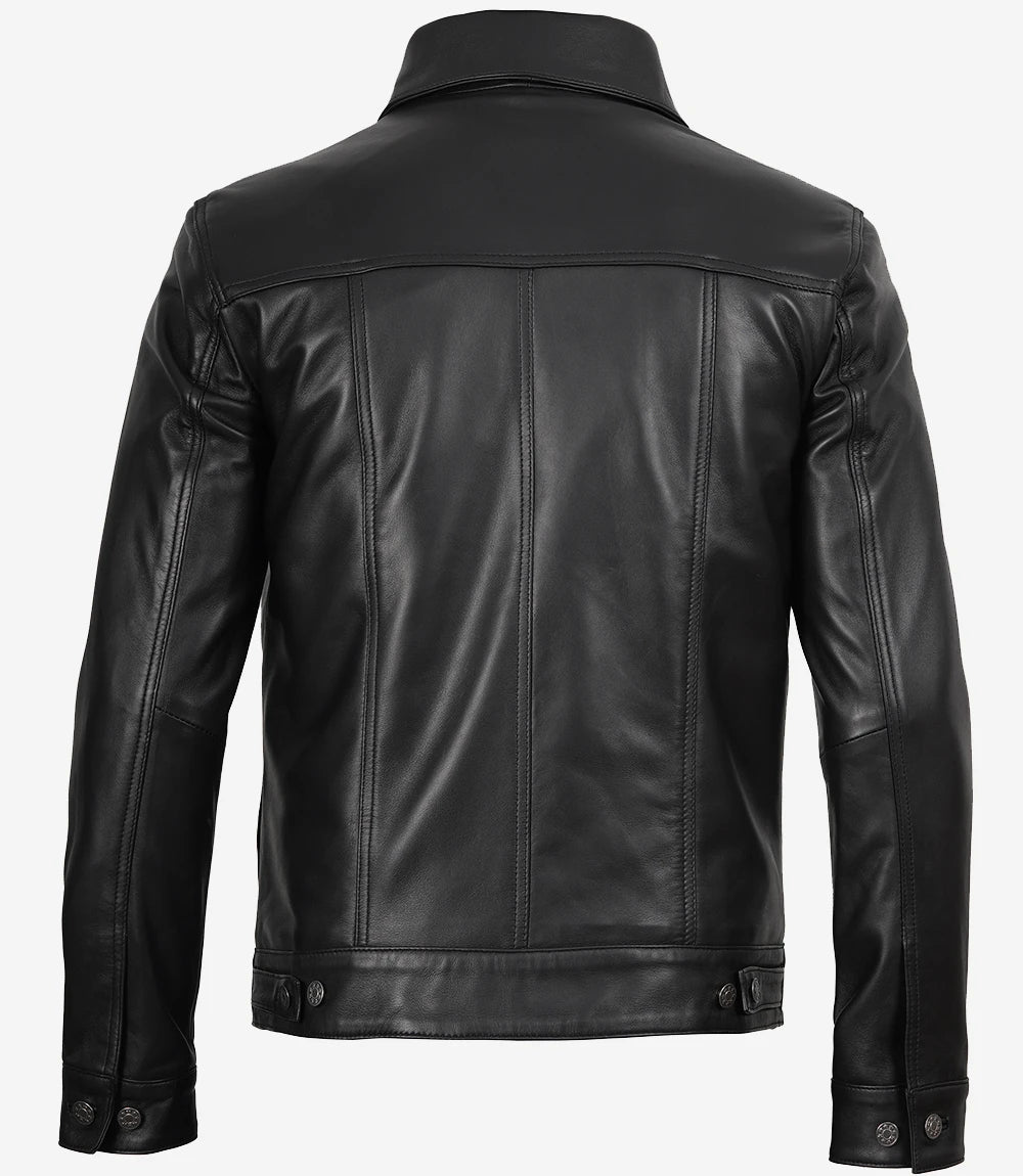 Schwarze Trucker-Jacke aus Leder für Herren mit vier Taschen