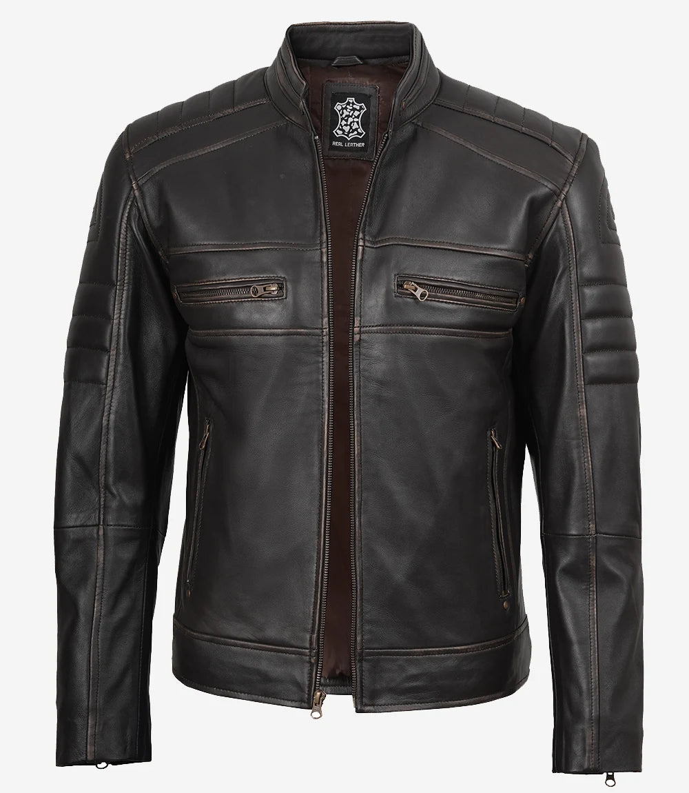 Herrenjacke aus echtem Leder im Used-Look, braun, im Biker-Stil