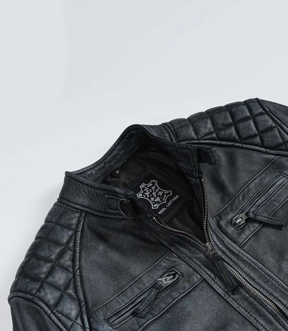 Mens Washed Leather Distressed Black Jacket