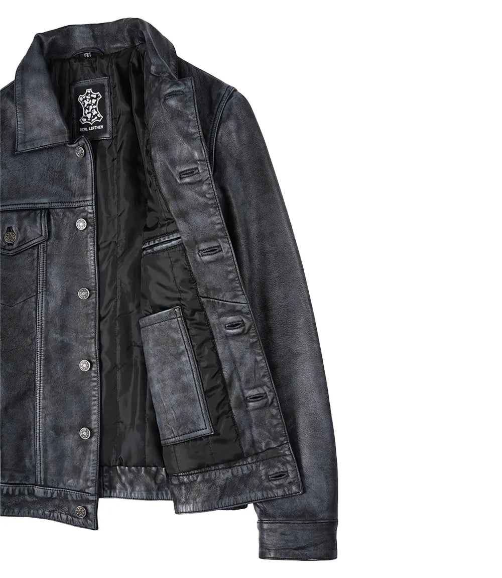 Mens Black Washed Leather Trucker Style Jacket