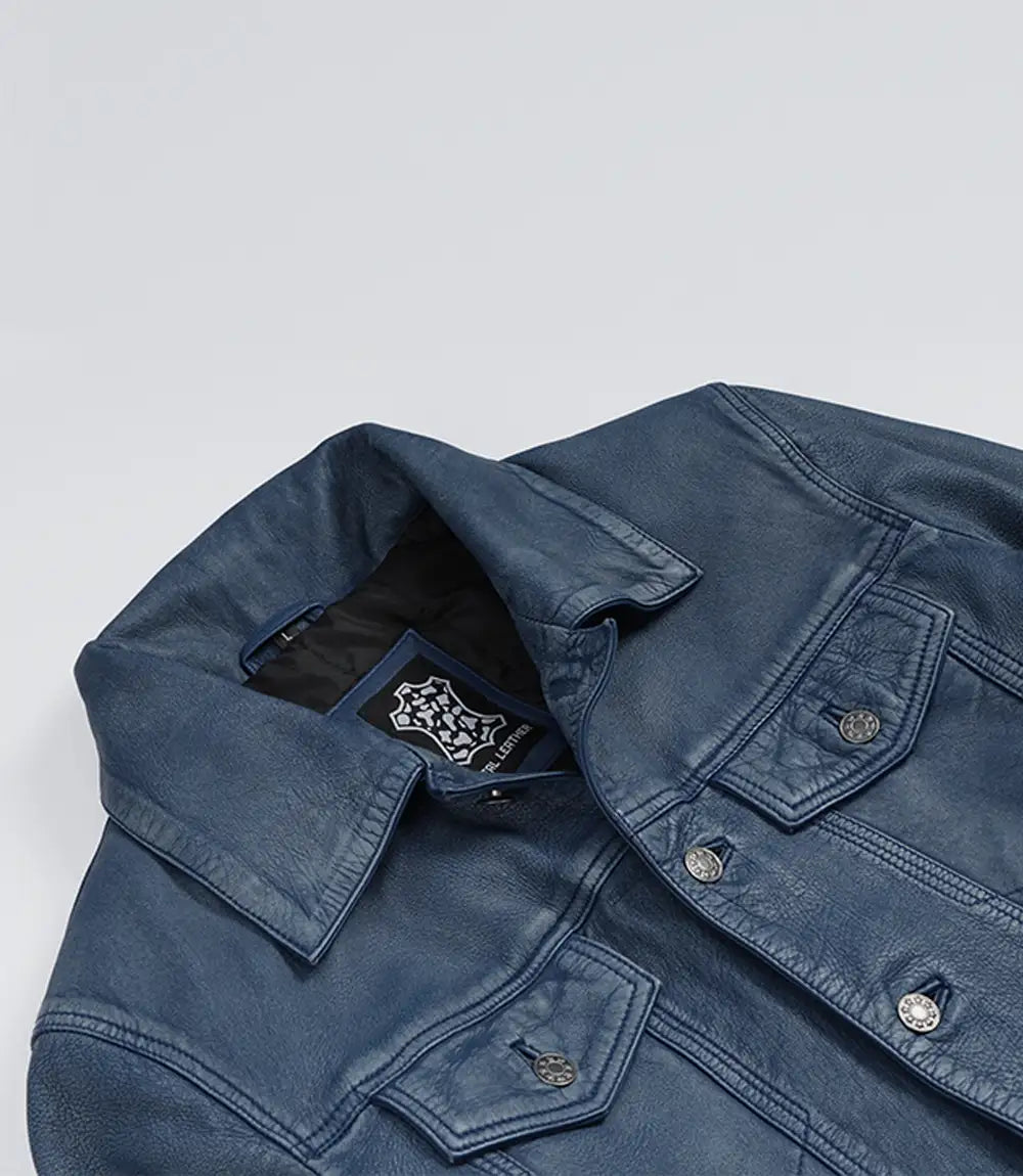 Men's Blue Washed Distress Leather Trucker Jacket - Denim Style