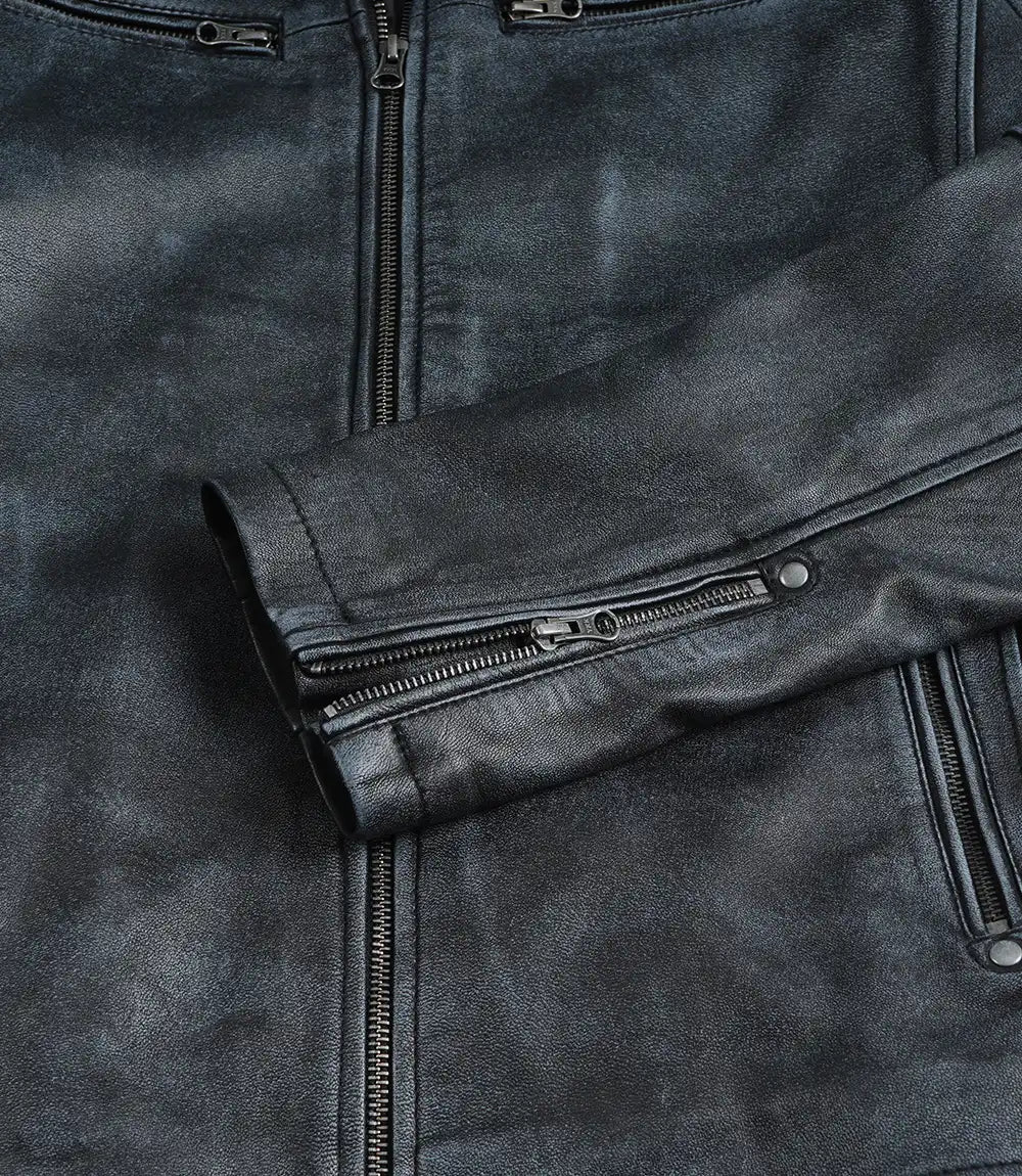 Mens Black Washed Leather Biker Style Jacket