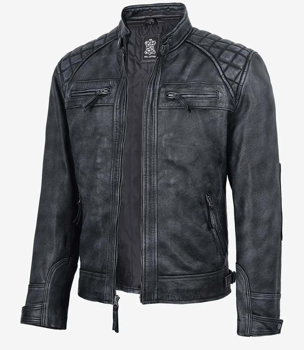Mens Washed Leather Distressed Black Jacket