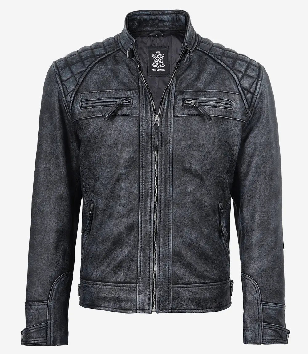Mens Washed Leather Distressed Black Jacket