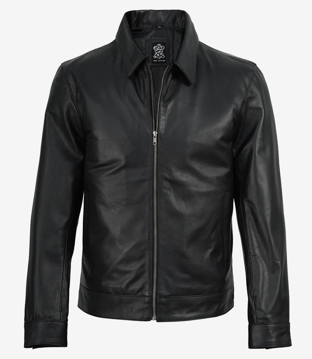 Michael Men's Black Cowhide Leather Jacket with Shirt Collar