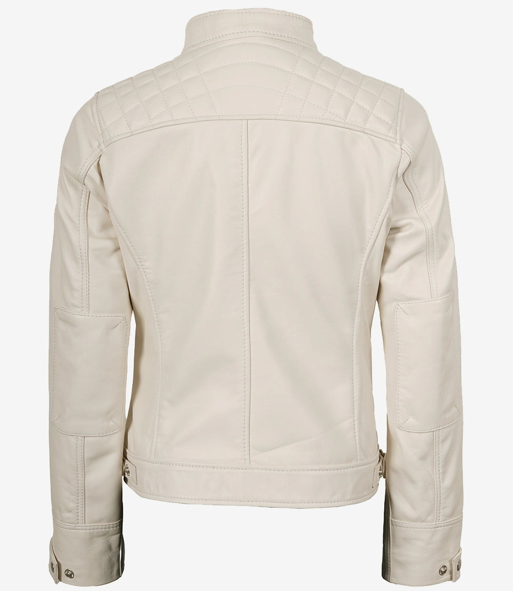 Damenjacke aus echtem Lammleder, gebrochenes Weiß, gesteppt, im Biker-Stil