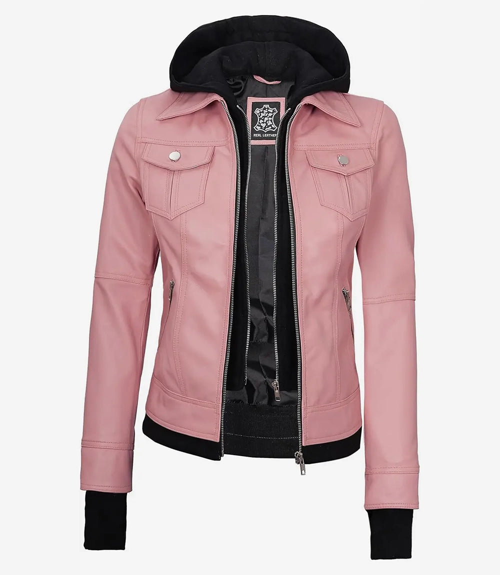 Womens Pink Bomber Leather Jacket with Removable Hood