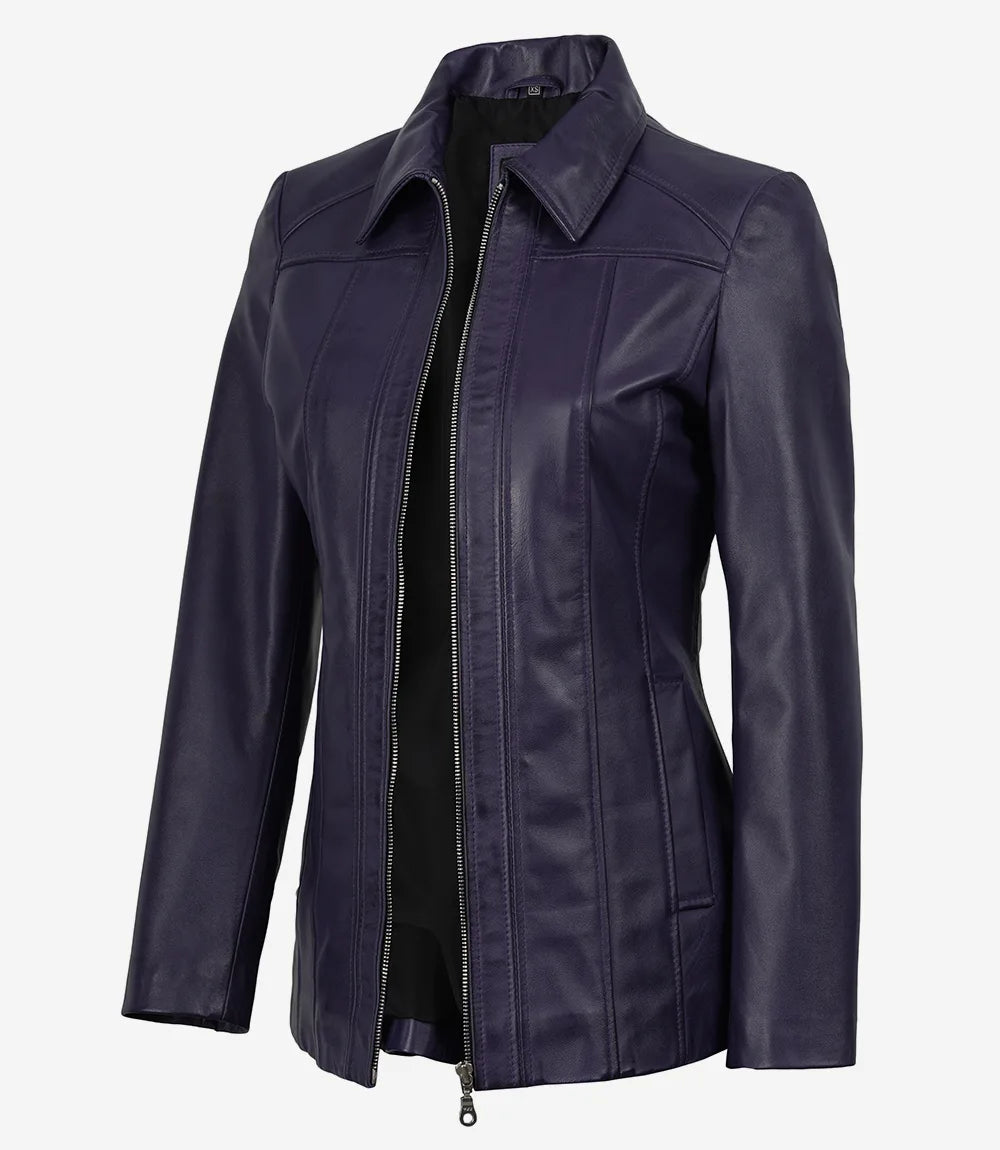 Marsha Women’s Real Leather Coat – Purple Shirt-Collar Style