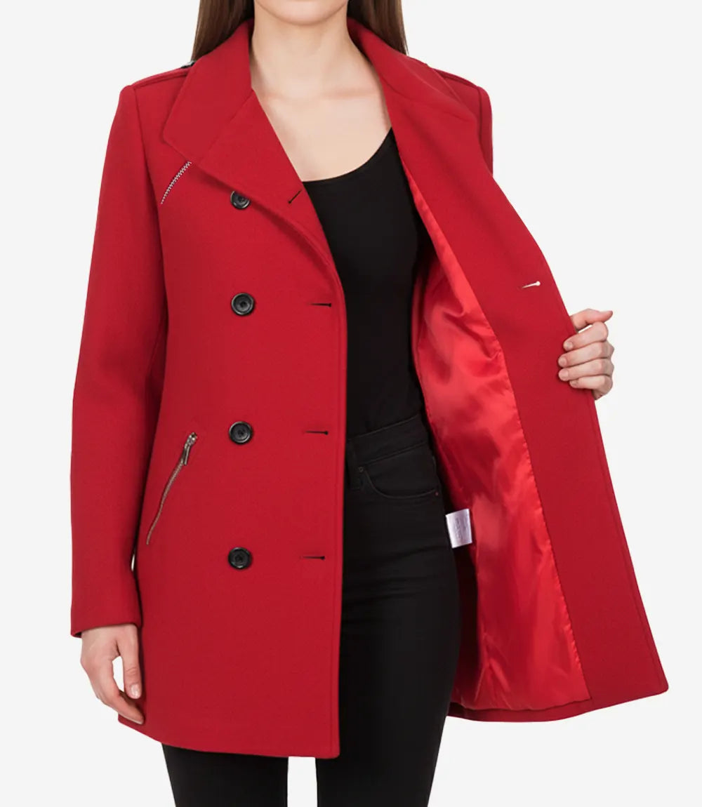 Zweireihiger roter Woll-Peacoat für Damen