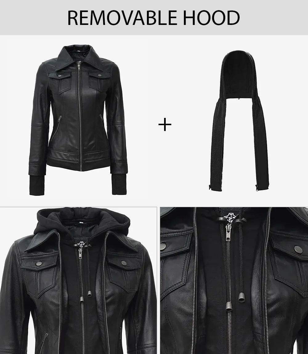 Womens Tall Black Bomber Hooded Leather Jacket