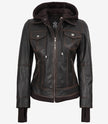 Women's Distressed Brown Bomber Leather Jacket with Removable Hood