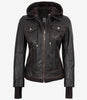 Women's Distressed Brown Bomber Leather Jacket with Removable Hood