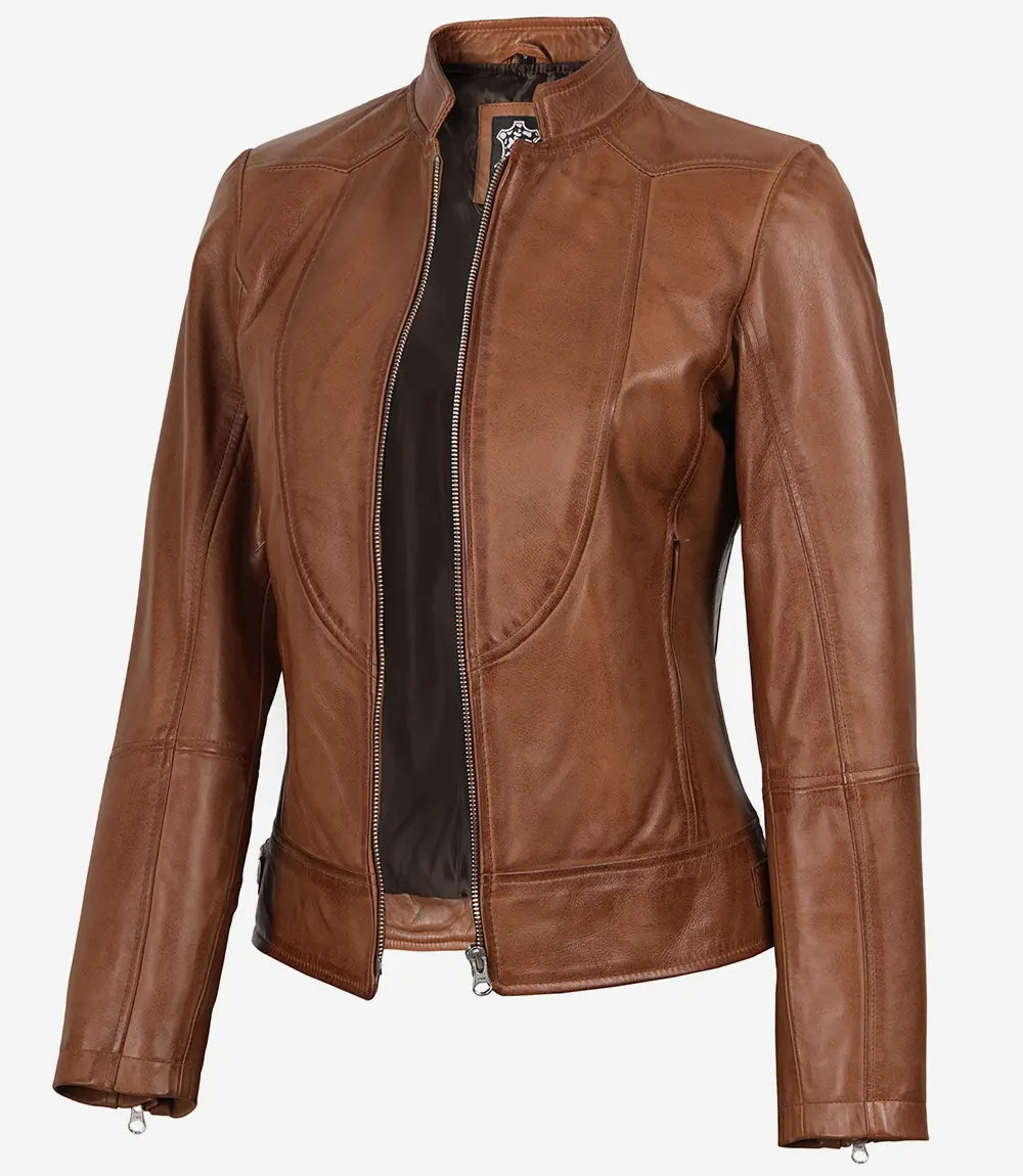 Women's Tan Waxed Slim Fit Biker Style Leather Jacket