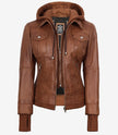 Tralee Women's Tan Waxed Bomber Leather Jacket With Detachable Hood