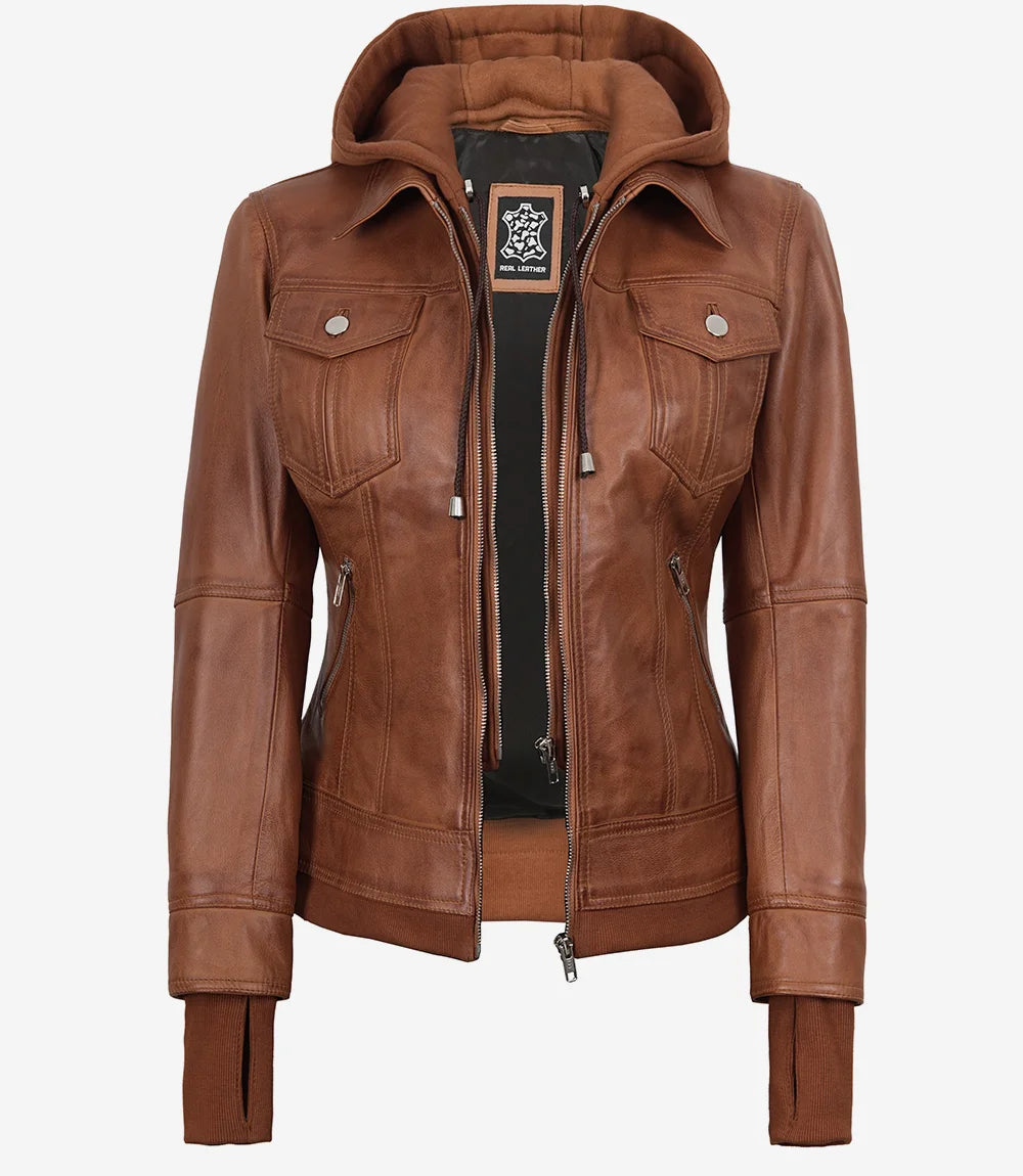 Tralee Women's Tan Waxed Bomber Leather Jacket With Detachable Hood