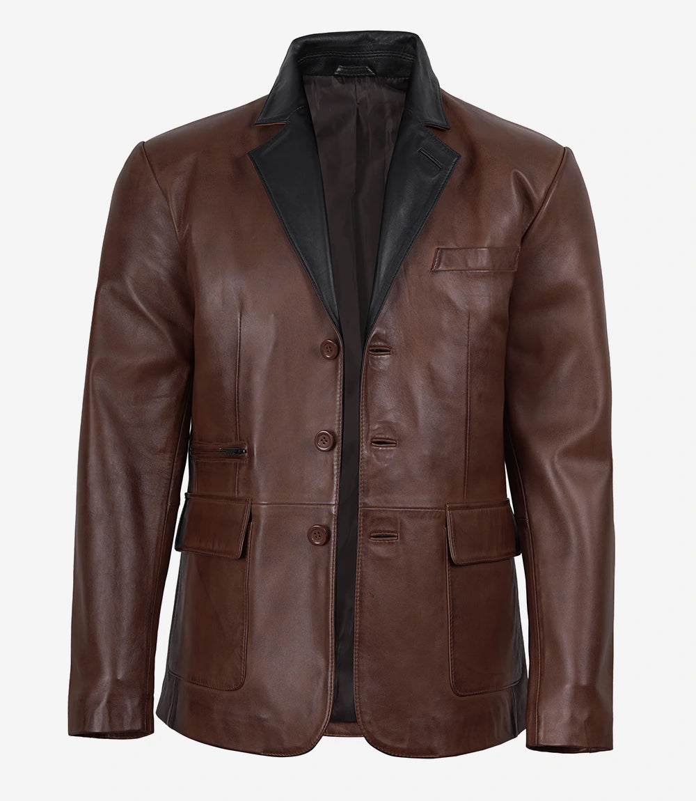 Men's 3 Button Cognac Waxed Leather Blazer with Black Lapels