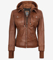 Tralee Women's Tan Waxed Bomber Leather Jacket With Detachable Hood