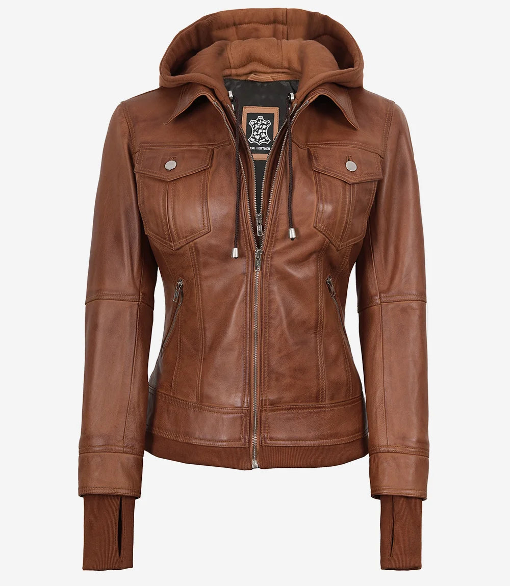 Tralee Women's Tan Waxed Bomber Leather Jacket With Detachable Hood