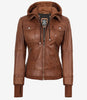 Tralee Women's Tan Waxed Bomber Leather Jacket With Detachable Hood